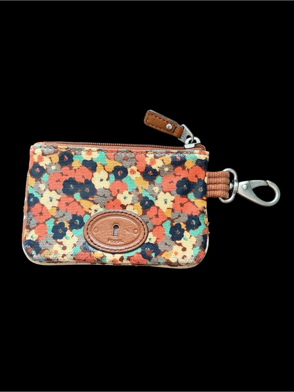 Fossil Floral Key & Card Pouch in Orange, Navy, Teal, Cream